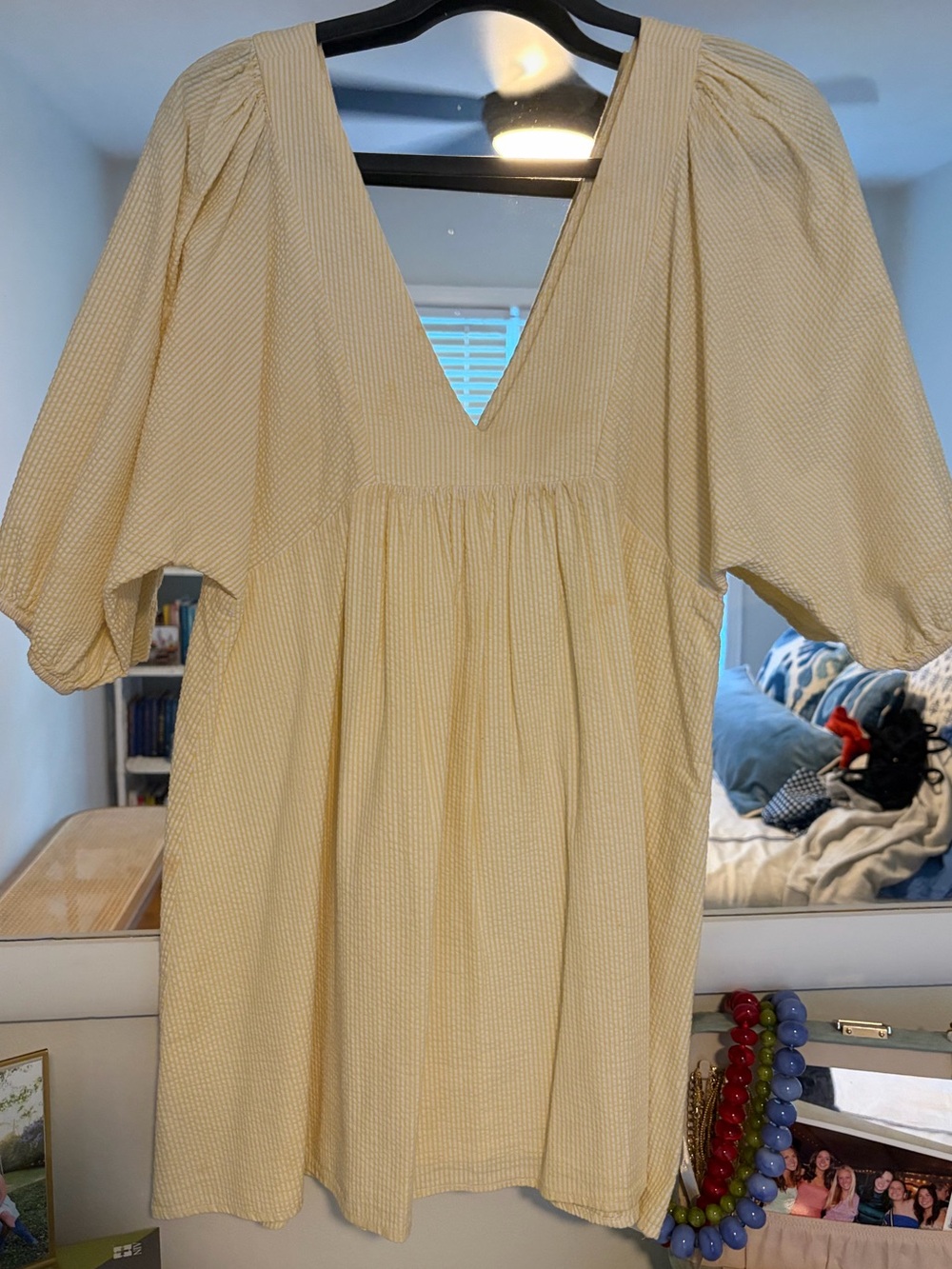 Urban Outfitters Sear-sucker Pale Yellow V-Neck Puff Sleeve Tunic